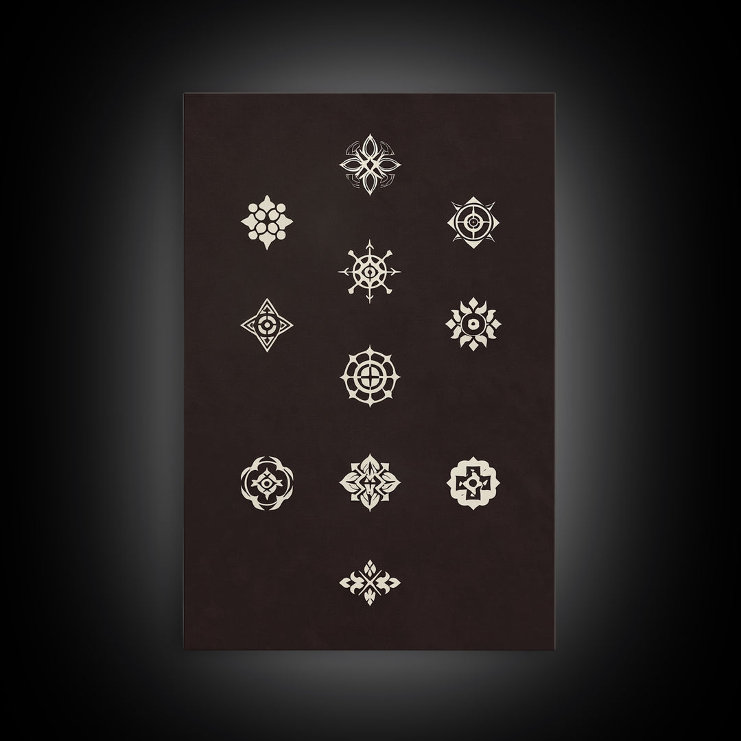 Cream Sacred Geometric Symbols On Dark Brown Wall Art, Minimalist Spiritual Pattern Canvas Print, Boho Meditation Home Decor