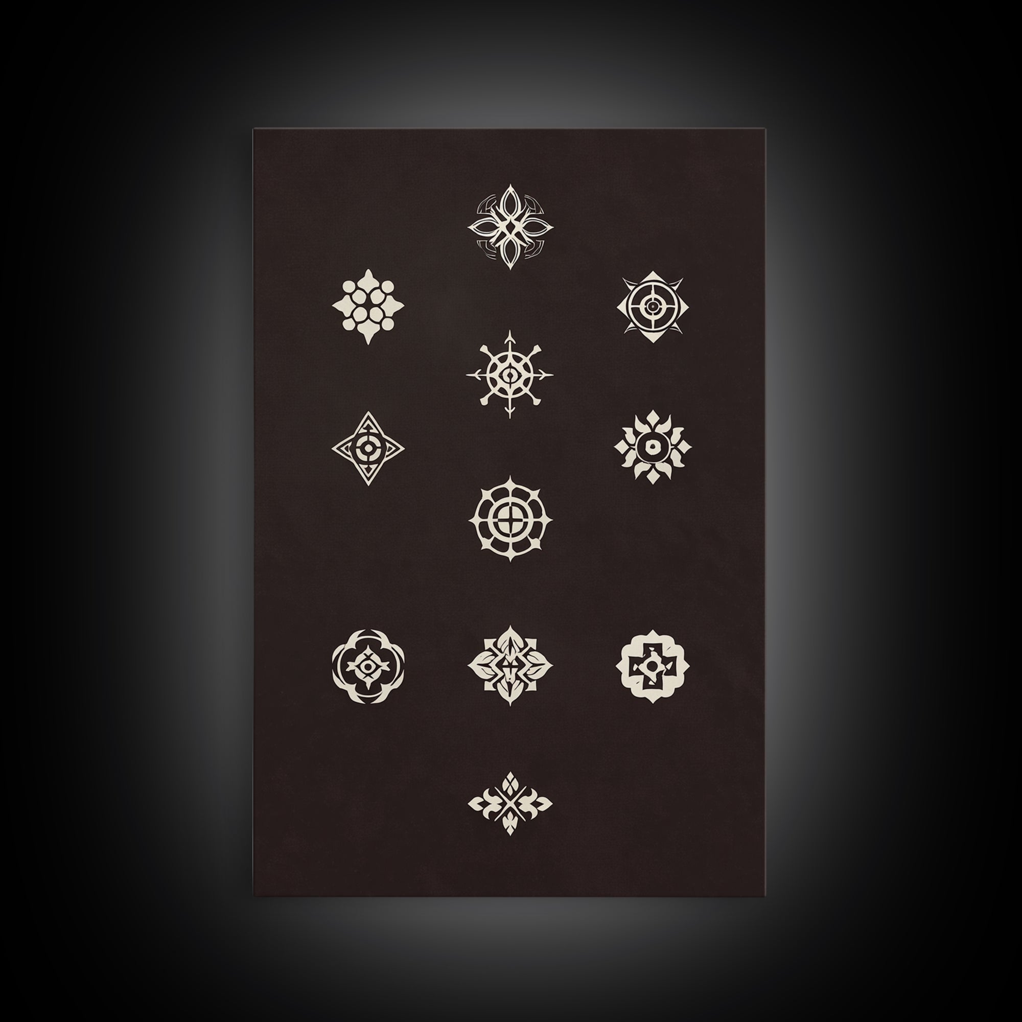 Cream Sacred Geometric Symbols On Dark Brown Wall Art, Minimalist Spiritual Pattern Canvas Print, Boho Meditation Home Decor