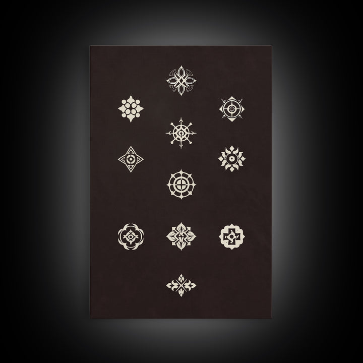 Cream Sacred Geometric Symbols On Dark Brown Wall Art, Minimalist Spiritual Pattern Canvas Print, Boho Meditation Home Decor