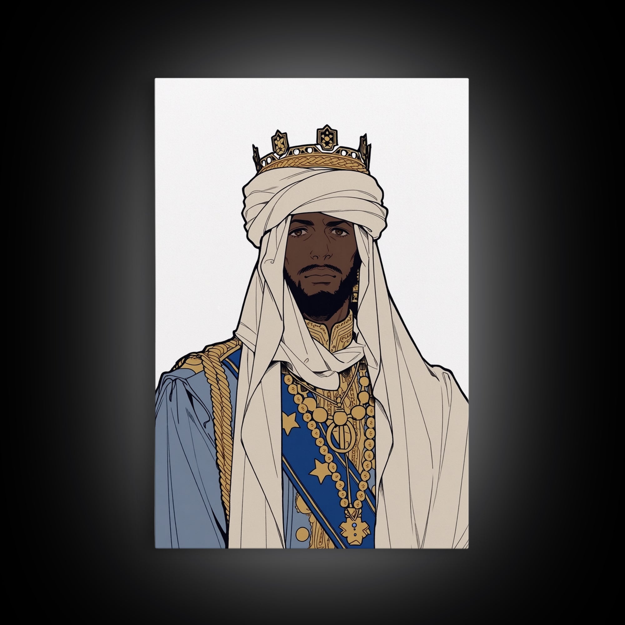 Regal African King In White Turban And Blue Robe Canvas Print, Afrocentric Royal Portrait Wall Art, Cultural Home Decor Gift