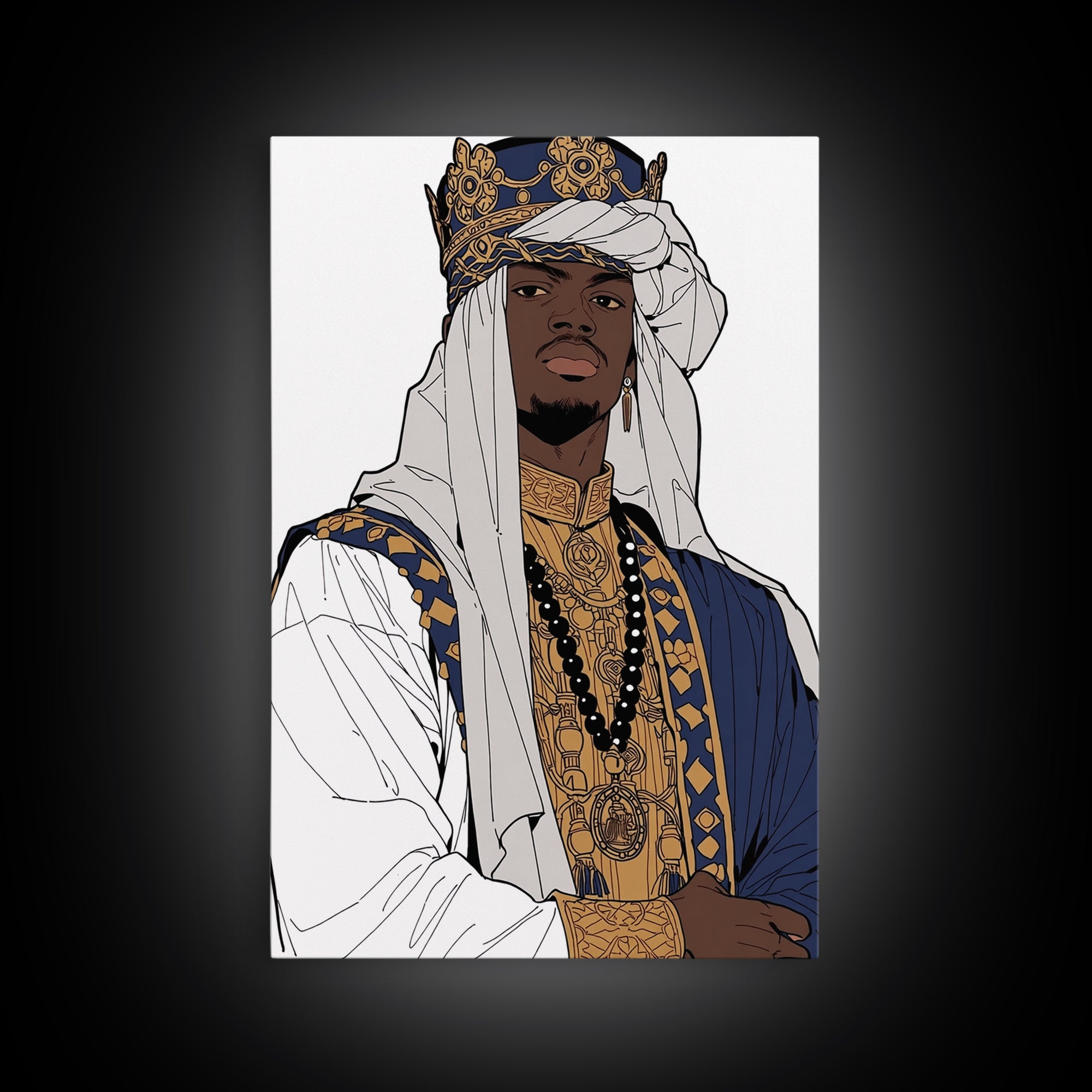 Regal African Prince In Crown White Turban And Blue Robe Framed Canvas Print, Afrocentric Black Royal Portrait Wall Art Decor