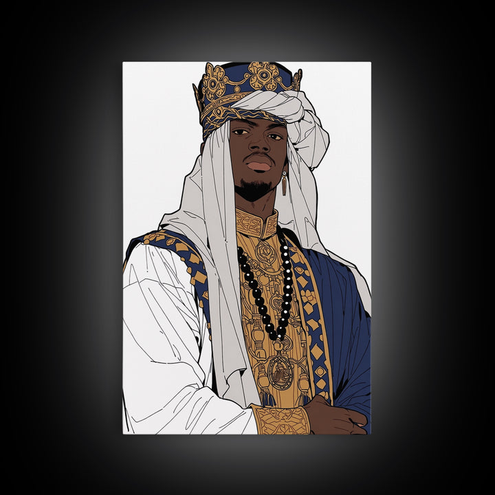 Regal African Prince In Crown White Turban And Blue Robe Framed Canvas Print, Afrocentric Black Royal Portrait Wall Art Decor