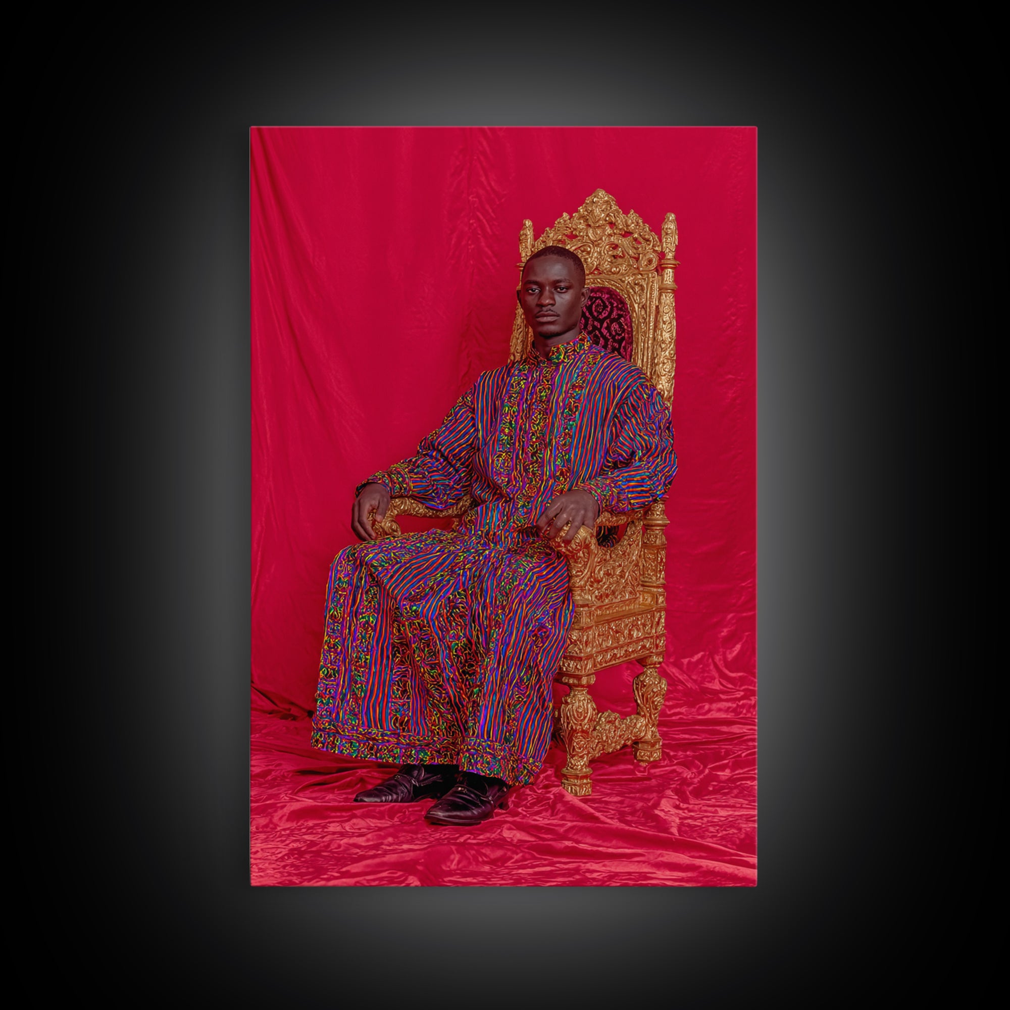 Regal African Man On Gold Throne Wall Art, Royal Black Portrait, Afrocentric Decor, African Fabric, Statement Canvas, Living Room Decor
