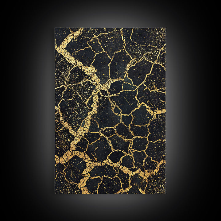 Black And Gold Cracked Earth Abstract Wall Art, Luxury Canvas Print, Kintsugi Texture, Modern Home Decor, Statement Piece