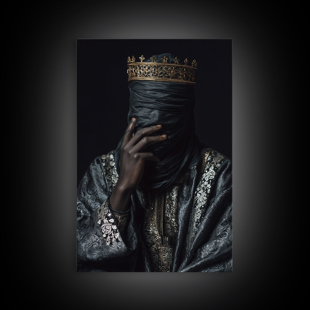 Mystic Crowned African Portrait Wall Art, Black Veiled Figure, Gold Jewelry Canvas, Afrocentric Decor, Luxury Canvas Print