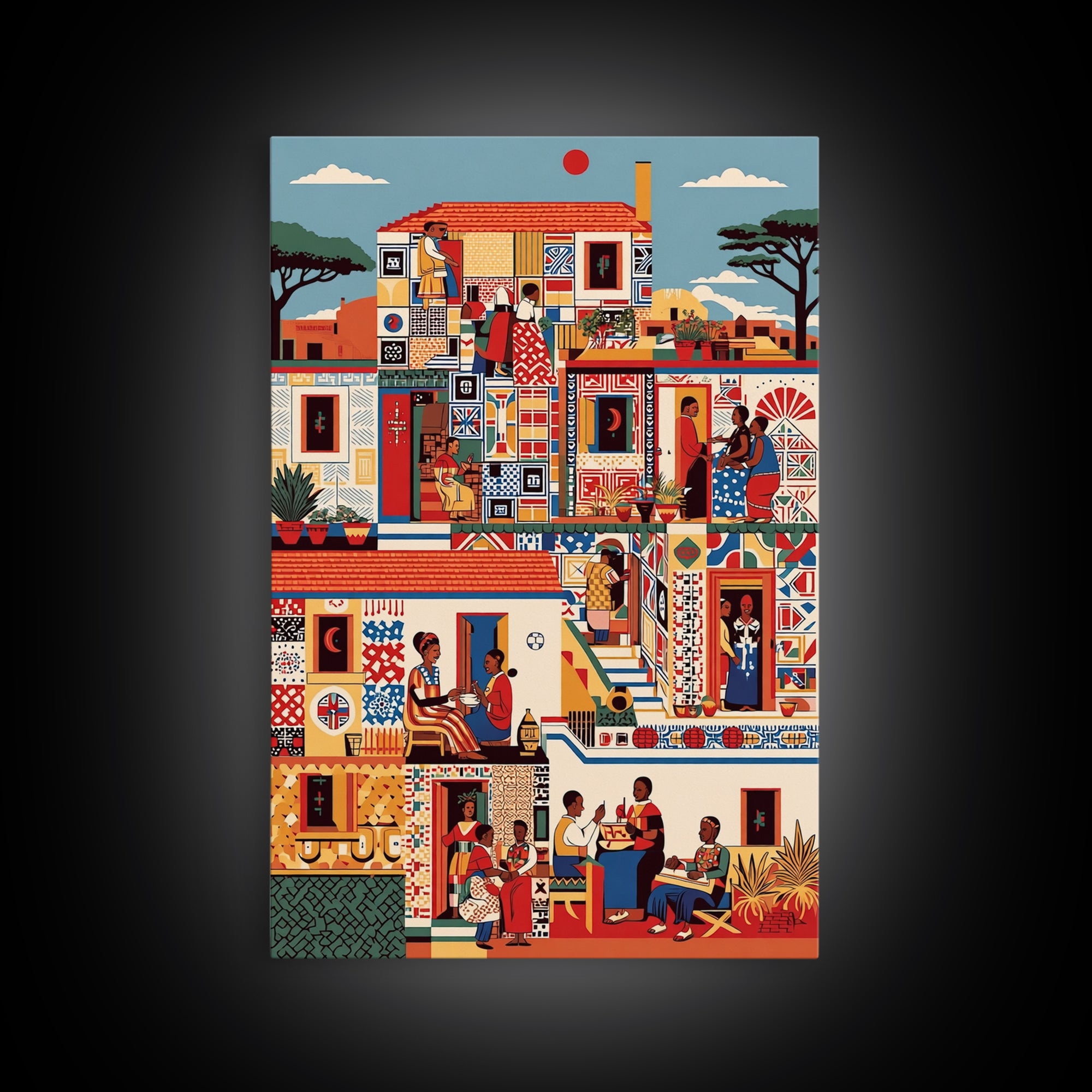 Vibrant African Neighborhood Scene Wall Art, Community Life Canvas Print, Patterned House, Afrocentric Cultural Decor, Gift