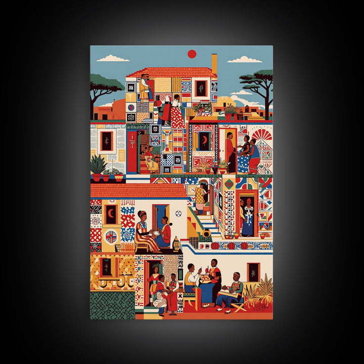 Vibrant African Neighborhood Scene Wall Art, Community Life Canvas Print, Patterned House, Afrocentric Cultural Decor, Gift