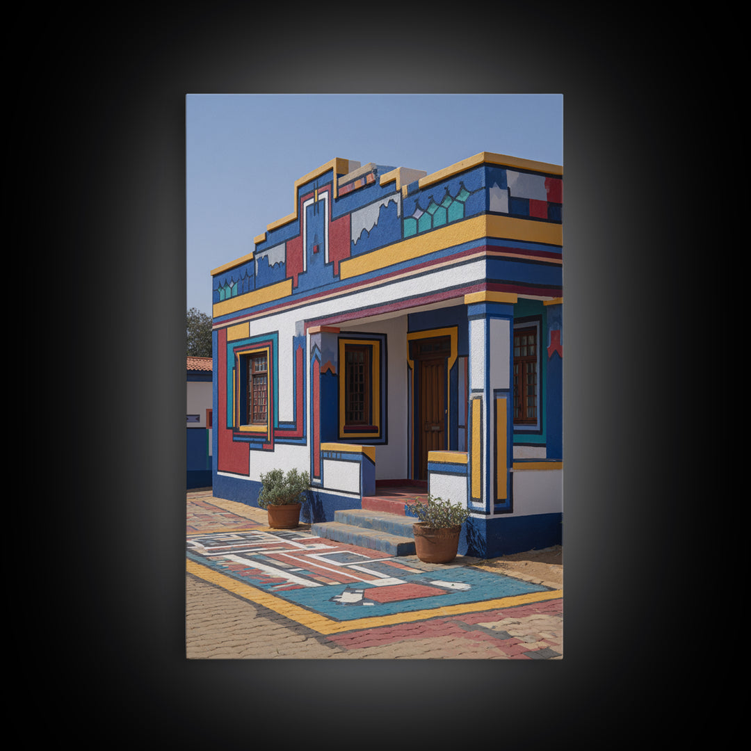 Bright Ndebele Painted Courtyard Framed Canvas Print, African Architecture Wall Art, Geometric Tribal Home Decor Statement Piece