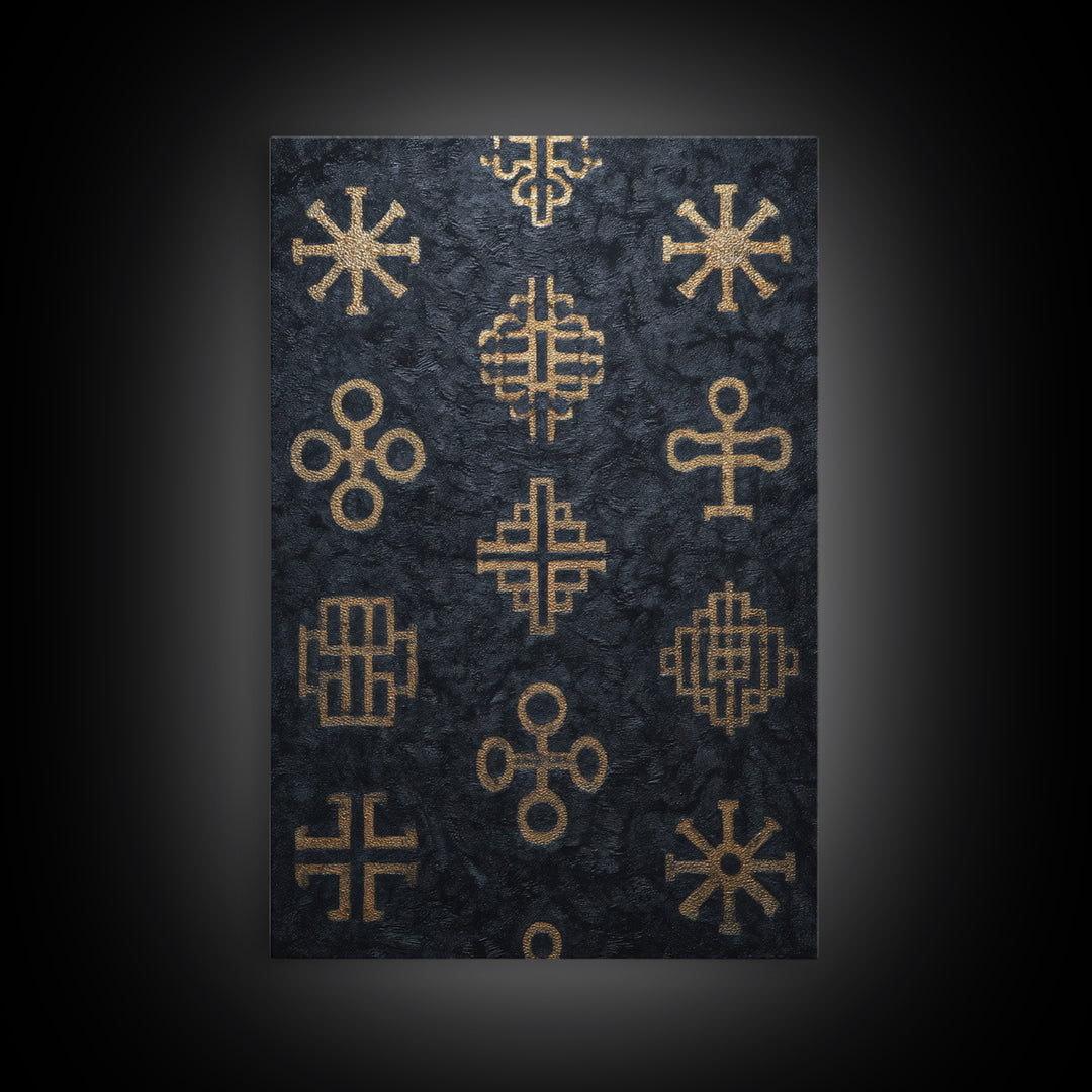 Gold African Adinkra Symbols Wall Art, Black Textured Pattern Print, Tribal Cultural Decor, Afrocentric Home Gift For Office