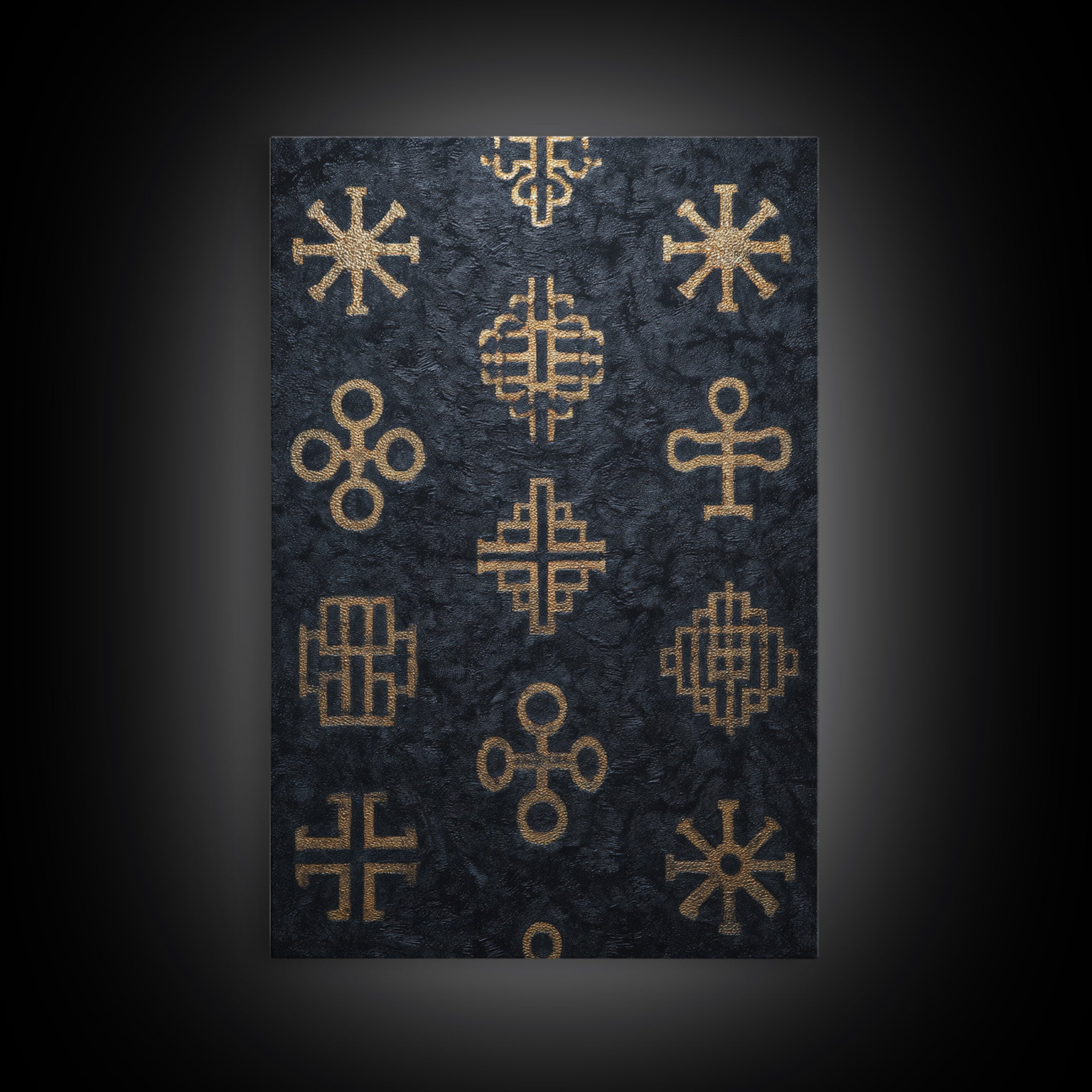 Gold African Adinkra Symbols Wall Art, Black Textured Pattern Print, Tribal Cultural Decor, Afrocentric Home Gift For Office