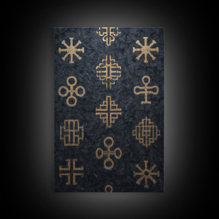 Gold African Adinkra Symbols Wall Art, Black Textured Pattern Print, Tribal Cultural Decor, Afrocentric Home Gift For Office