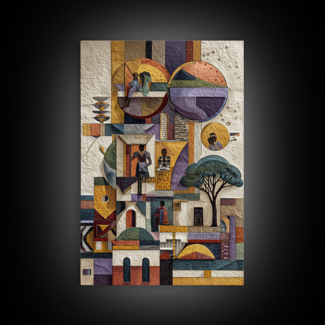 Abstract African Village Collage Canvas Print, Geometric Architecture Wall Art, Textured Cultural Home Decor Gift For Living Room