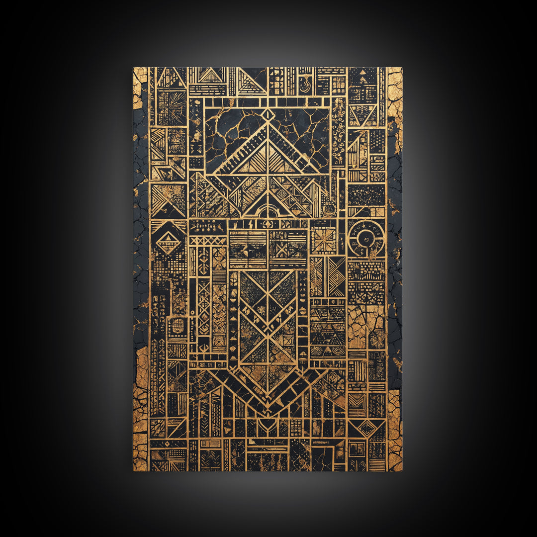 Gold Black Tribal Geometry Canvas Print, African Wall Art, Kuba Pattern Decor, Afrocentric Abstract Home Decor Statement Gift