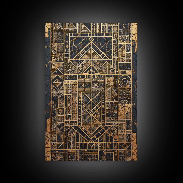 Gold Black Tribal Geometry Canvas Print, African Wall Art, Kuba Pattern Decor, Afrocentric Abstract Home Decor Statement Gift
