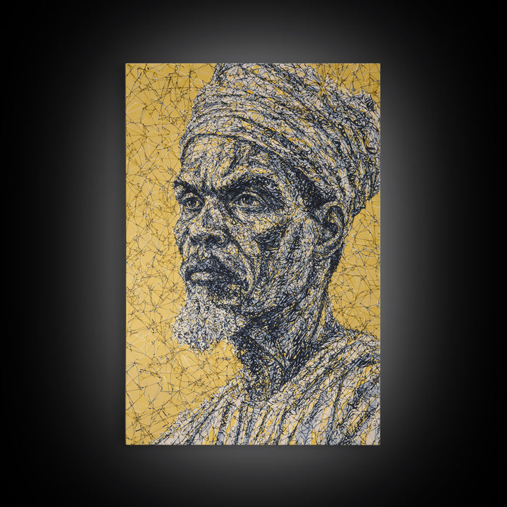 Wise Elder African Portrait Wall Art, Gold Line Drawing, Black History Decor, Afrocentric Cultural Home Decor Meaningful Gift For Him