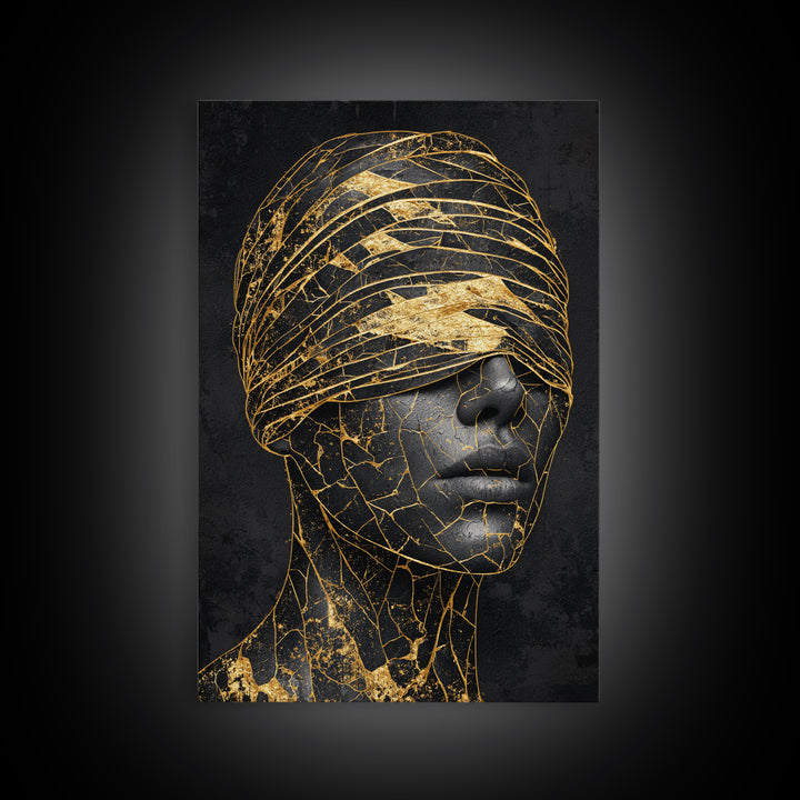 Blindfolded Gold Black Woman Canvas Print, African American Art, Feminine Afrocentric Portrait, Luxury Statement Home Decor