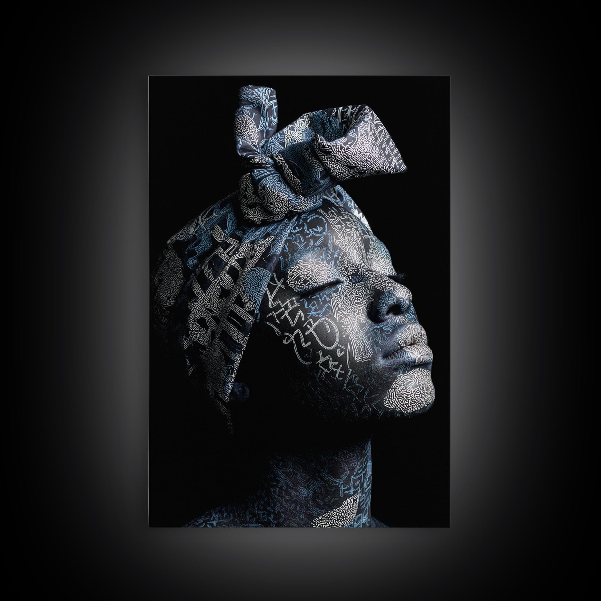 Blue Headwrap Black Woman Framed Canvas Print, African Portrait Art, Afrocentric Wall Decor, Modern Cultural Home Decor Gift