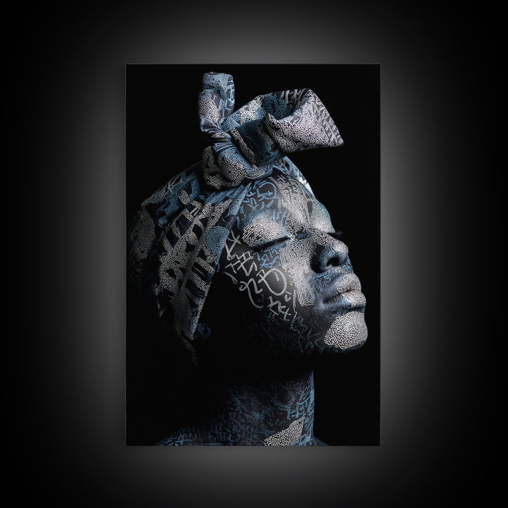 Blue Headwrap Black Woman Framed Canvas Print, African Portrait Art, Afrocentric Wall Decor, Modern Cultural Home Decor Gift