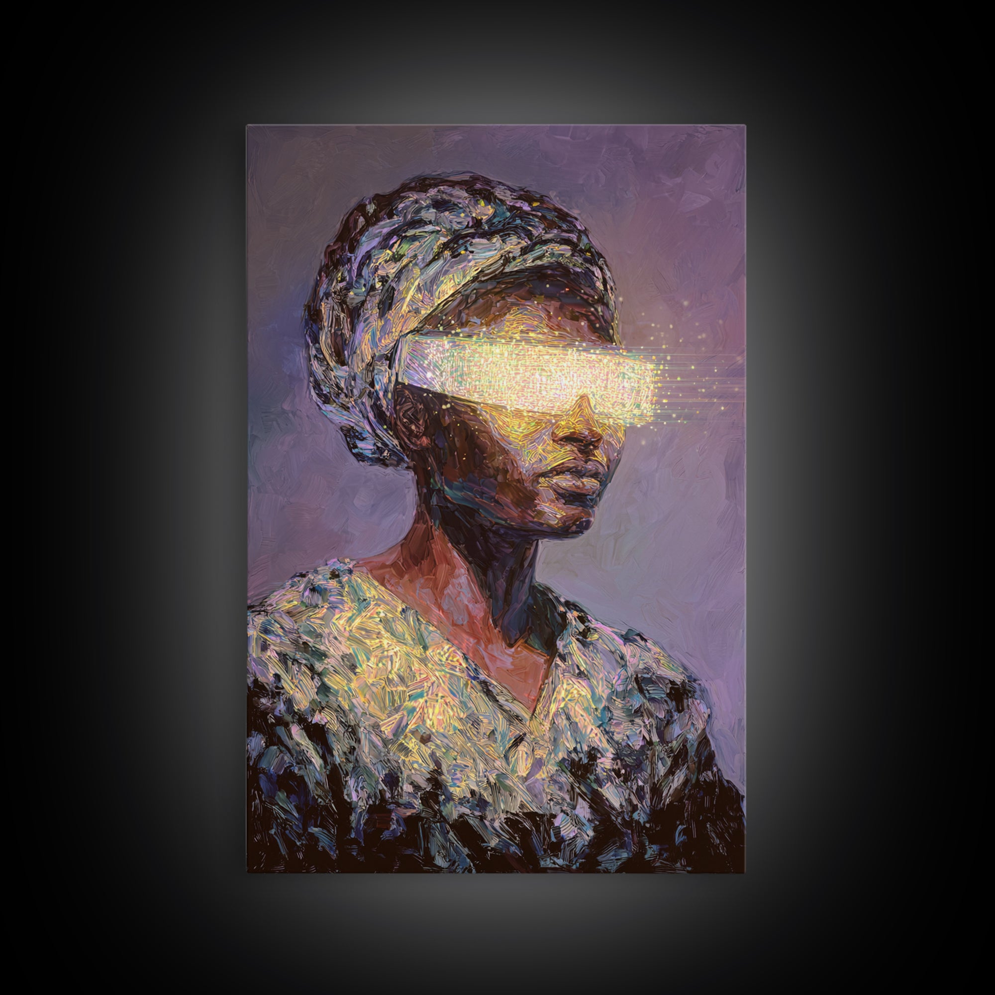 Visionary African Woman Canvas Print, Glowing Eye Light Portrait, Afrocentric Art, Spiritual Wall Decor, Female Power Gift