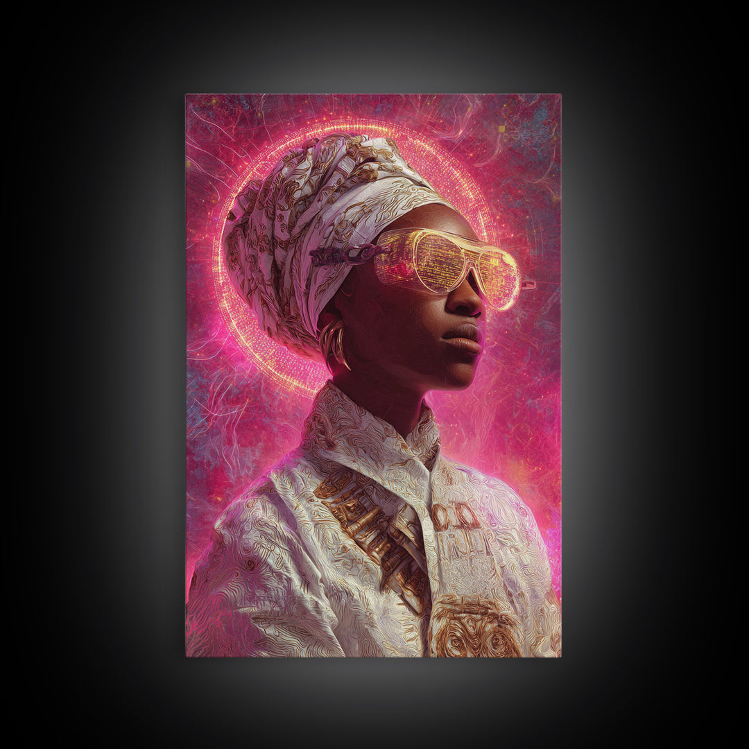 Neon Halo African Queen Wall Art, Sunglasses Headwrap Portrait, Afrofuturism Decor, Black Goddess Vibrant Pink Canvas Print