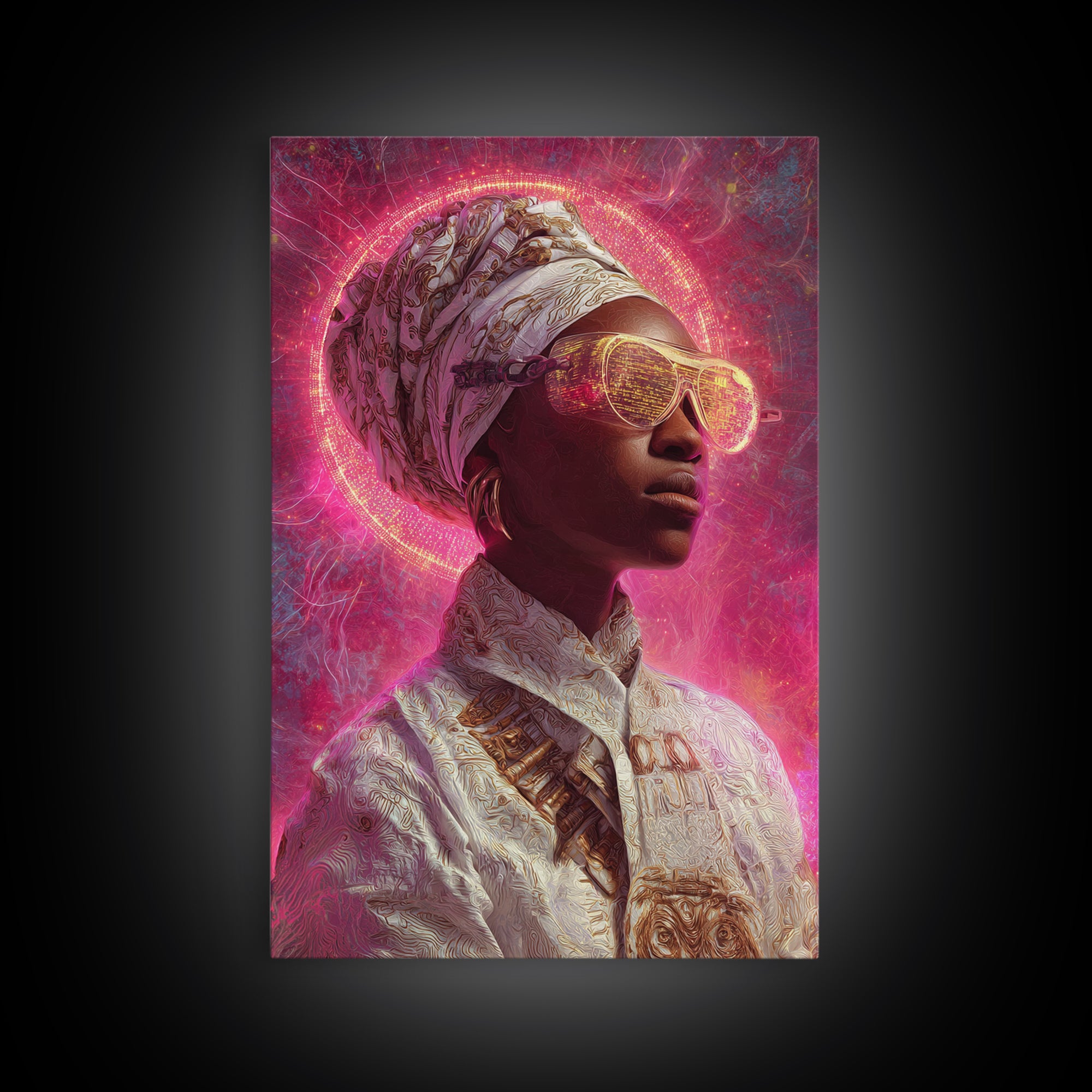 Neon Halo African Queen Wall Art, Sunglasses Headwrap Portrait, Afrofuturism Decor, Black Goddess Vibrant Pink Canvas Print