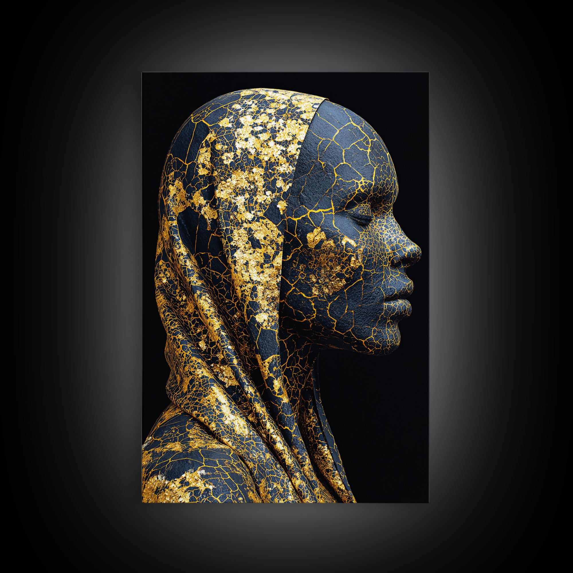 Gold Cracked African Woman Framed Canvas Print, Black Goddess Portrait, Luxury Afrocentric Wall Decor, Modern Statement Home Gift