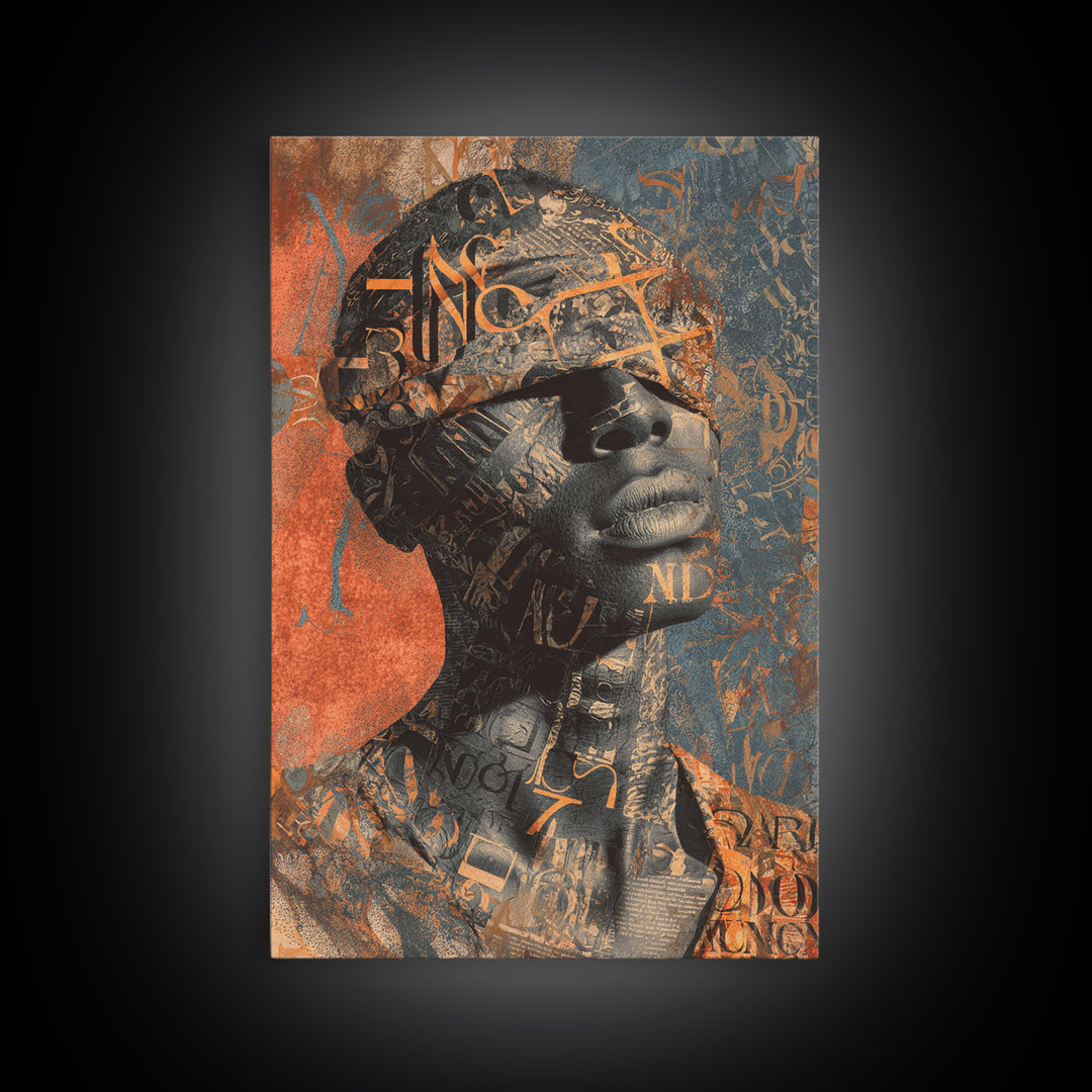 Blindfolded Black Woman Canvas Print, Abstract Typography Portrait, African American Art, Burnt Orange Afrocentric Decor