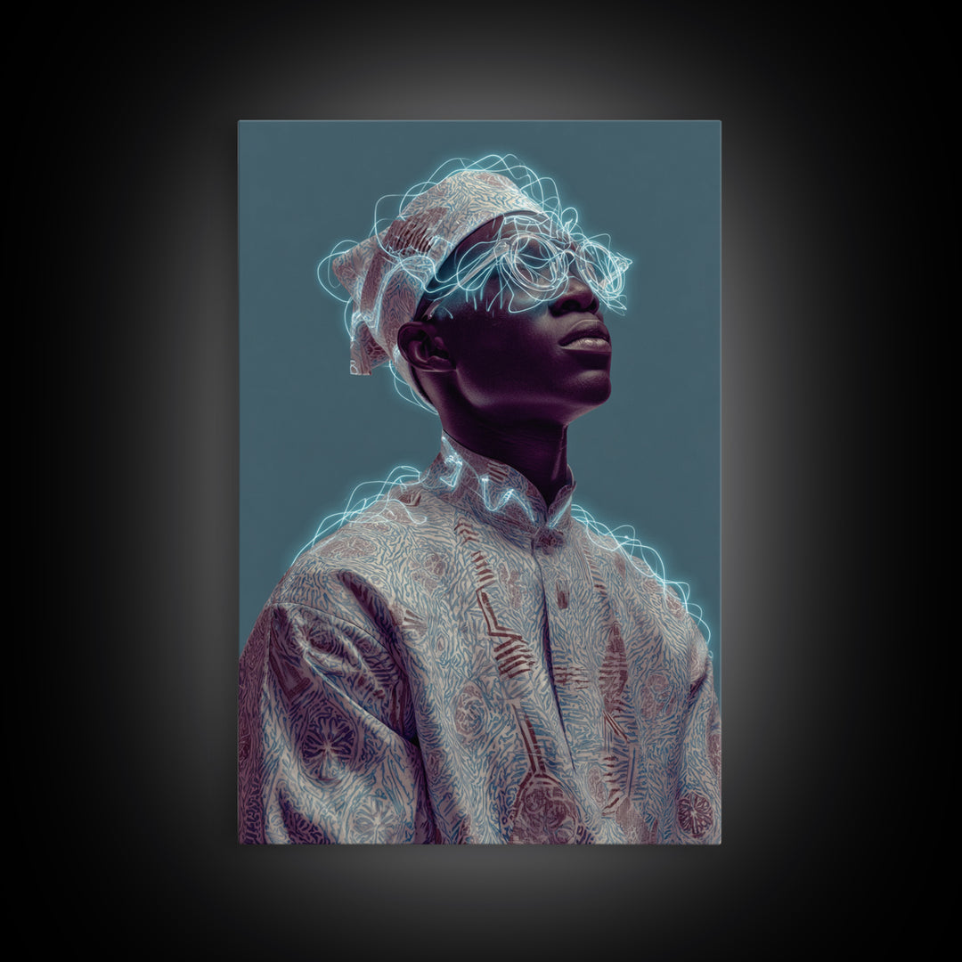 Afrofuturist Black Man Portrait With Neon Headwrap, Canvas Print, Modern African Art, Afrocentric Wall Decor, Black Culture Art