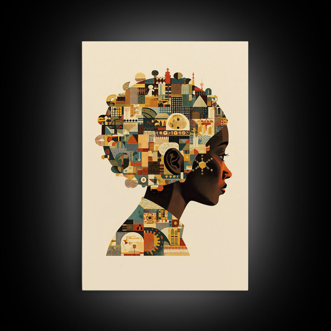 Profile Of African Woman With Architectural Afro, Wall Art, Geometric Portrait, Cultural Home Decor, Modern Afrocentric Art Print