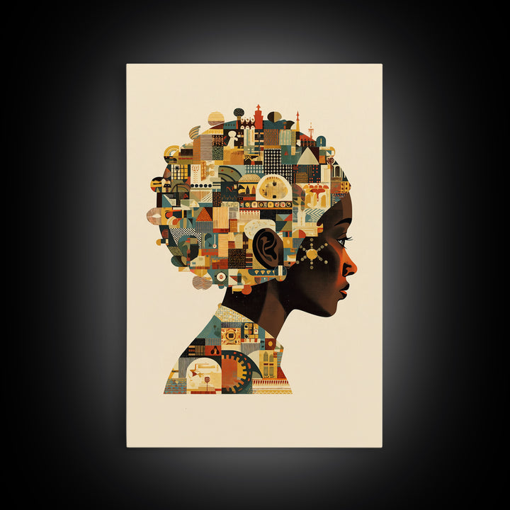 Profile Of African Woman With Architectural Afro, Wall Art, Geometric Portrait, Cultural Home Decor, Modern Afrocentric Art Print