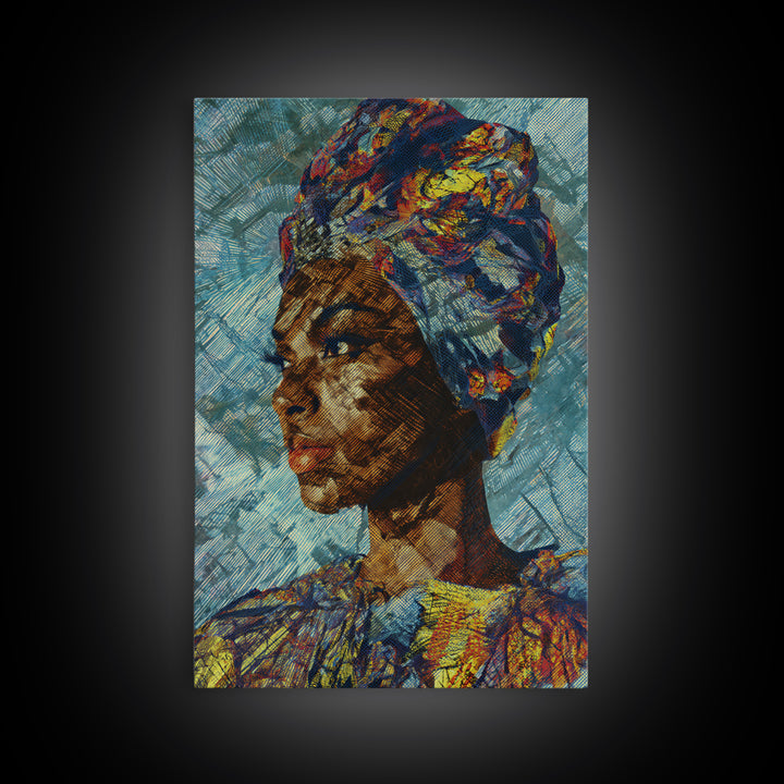 Textured African Woman Portrait In Blue Headwrap, Framed Canvas Print, Contemporary Black Art, Ethnic Wall Decor Gift For Her