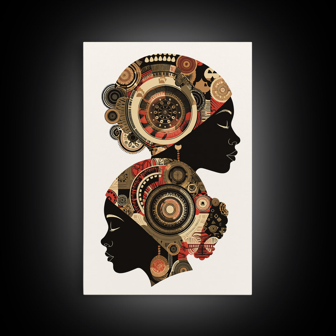 Two African Women Silhouettes With Tribal Circles, Canvas Print, Abstract African Art, Boho Wall Art, Cultural Decor Print