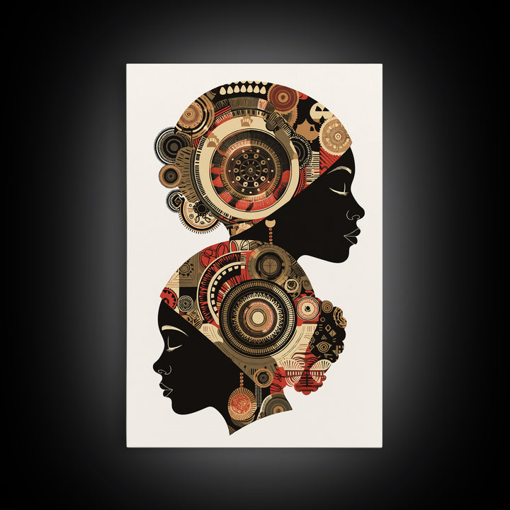 Two African Women Silhouettes With Tribal Circles, Canvas Print, Abstract African Art, Boho Wall Art, Cultural Decor Print