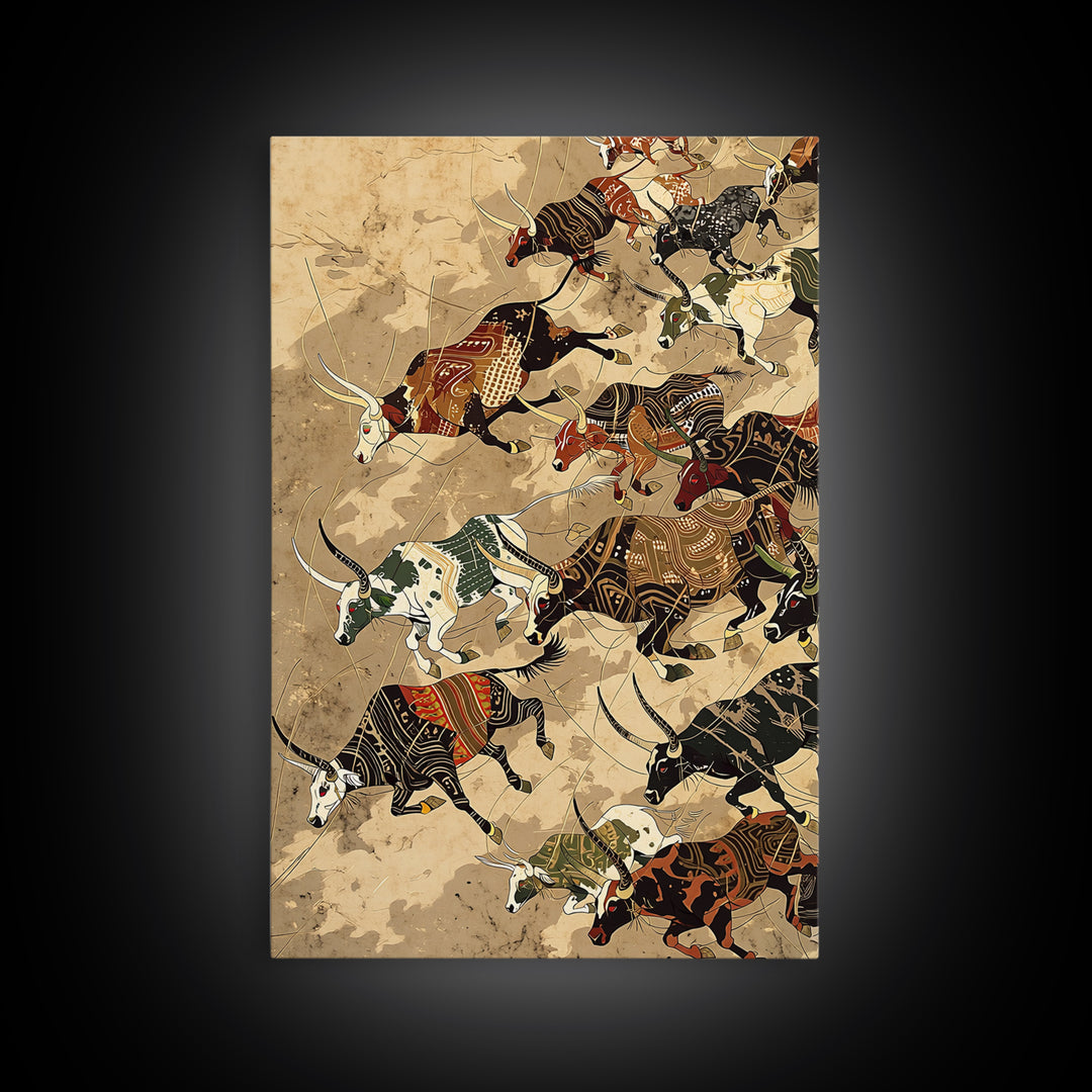 Running African Cattle With Tribal Patterns, Wall Art, Safari Animal Art Print, African Decor, Rustic Farmhouse Canvas Print