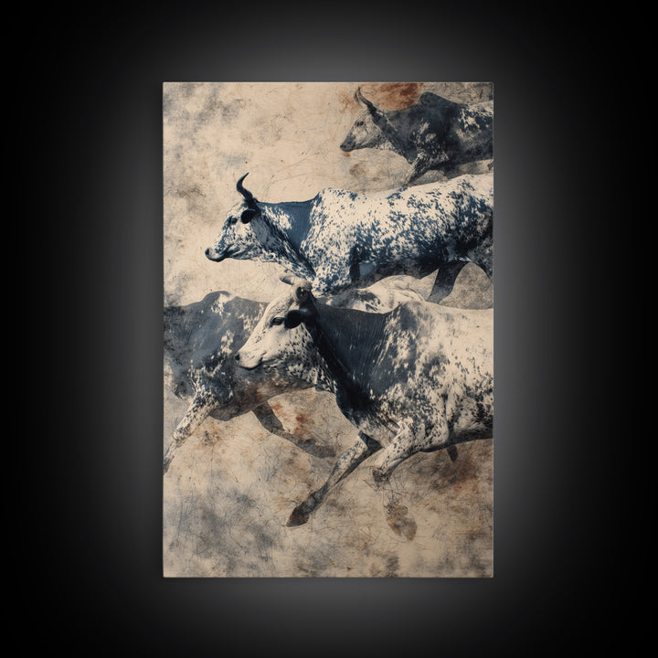 Charging Longhorn Cattle Herd In Sepia Dust, Canvas Print, African Safari Art, Rustic Wall Decor, Western Animal Painting
