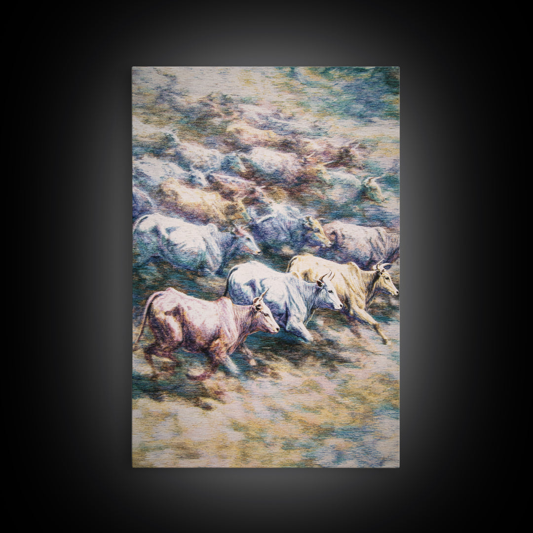 Colorful Running Cattle Herd Across Open Range, Wall Art, African Animal Art, Safari Decor, Textured Painting On Canvas Print