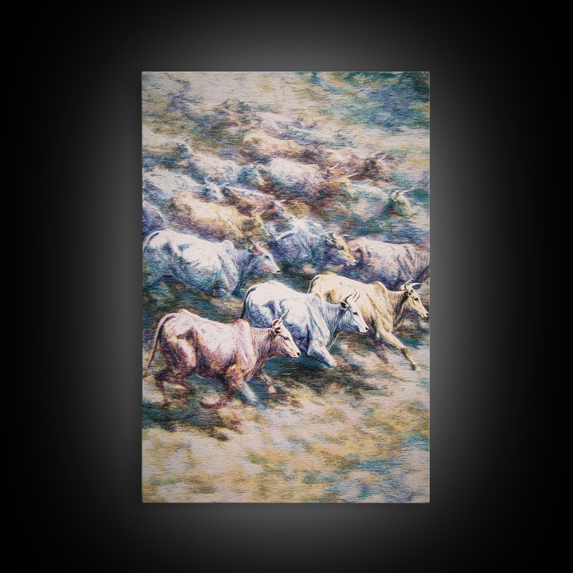 Colorful Running Cattle Herd Across Open Range, Wall Art, African Animal Art, Safari Decor, Textured Painting On Canvas Print