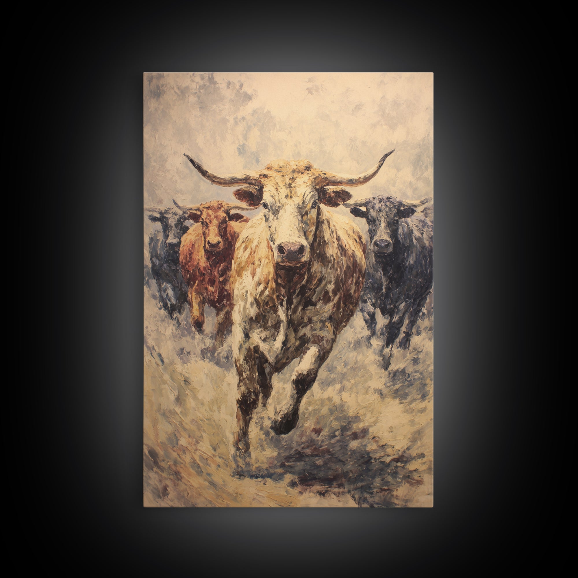 Powerful Longhorn Bull Herd Charging Forward, Framed Canvas Print, African Safari Wall Art, Rustic Animal Decor Gift For Him