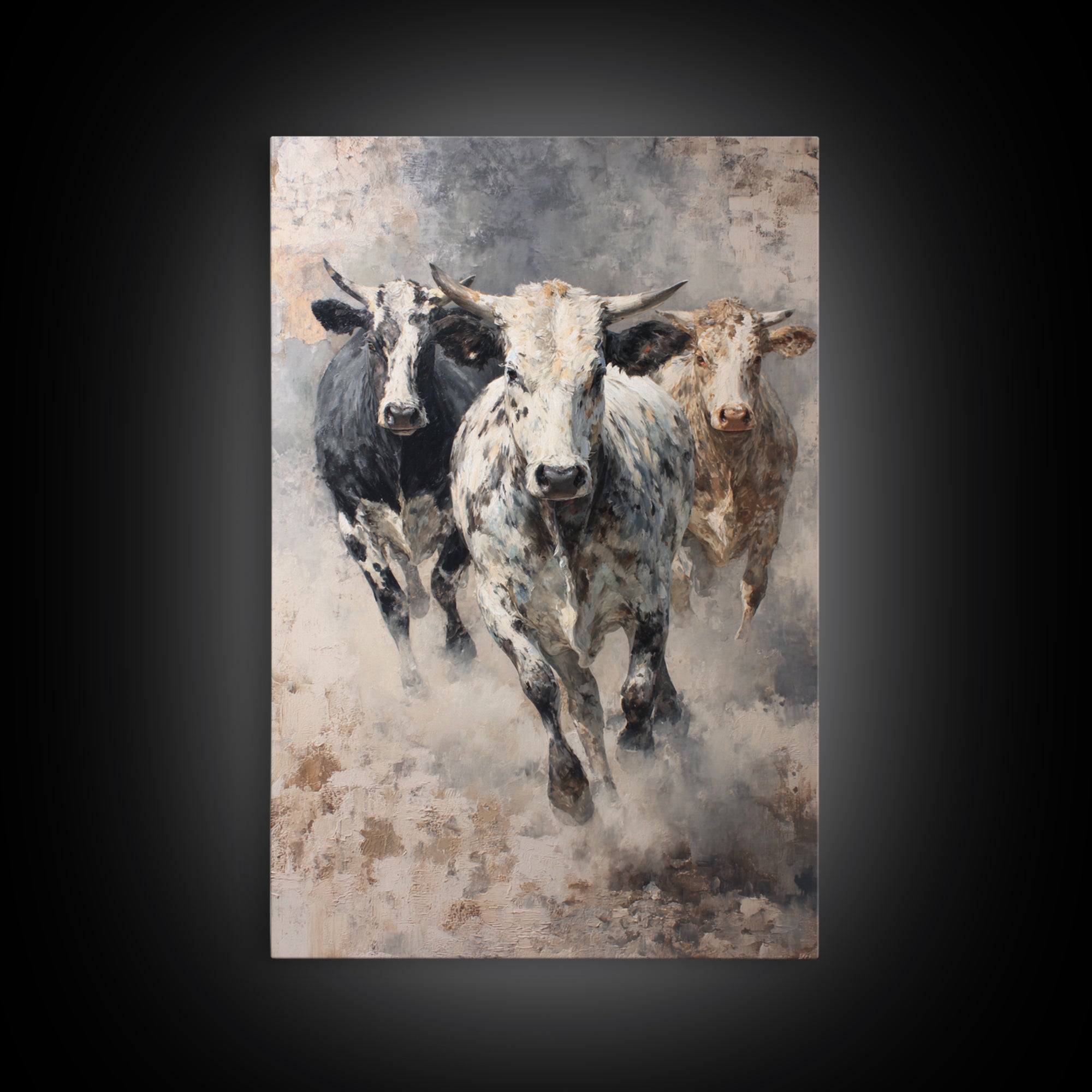 Charging Longhorn Cattle Framed Canvas Print, Western Animal Wall Art, Rustic Farmhouse Decor, Bold Living Room Painting