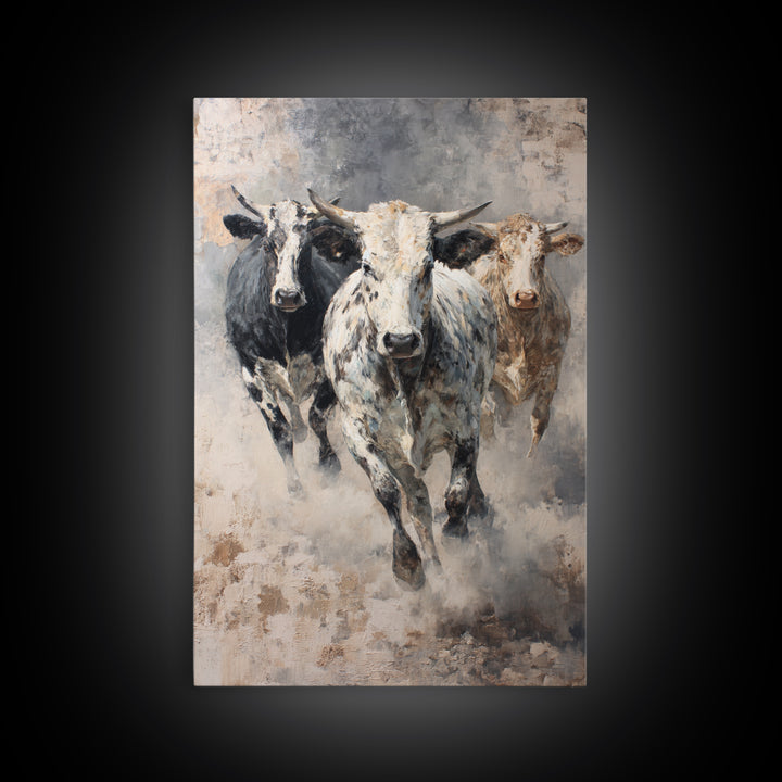 Charging Longhorn Cattle Framed Canvas Print, Western Animal Wall Art, Rustic Farmhouse Decor, Bold Living Room Painting