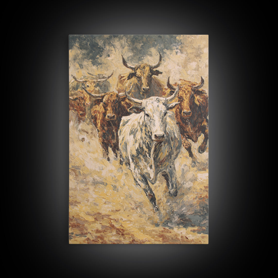 Textured Longhorn Herd Canvas Print, Western Bull Wall Art, Rustic Ranch Decor, Farmhouse Living Room Art, Earth Tone Painting
