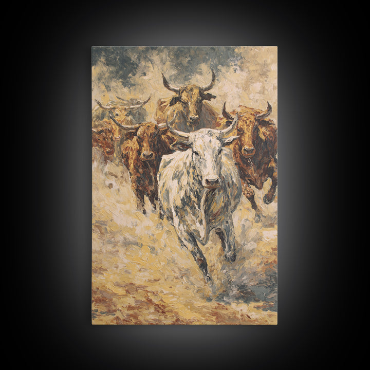 Textured Longhorn Herd Canvas Print, Western Bull Wall Art, Rustic Ranch Decor, Farmhouse Living Room Art, Earth Tone Painting