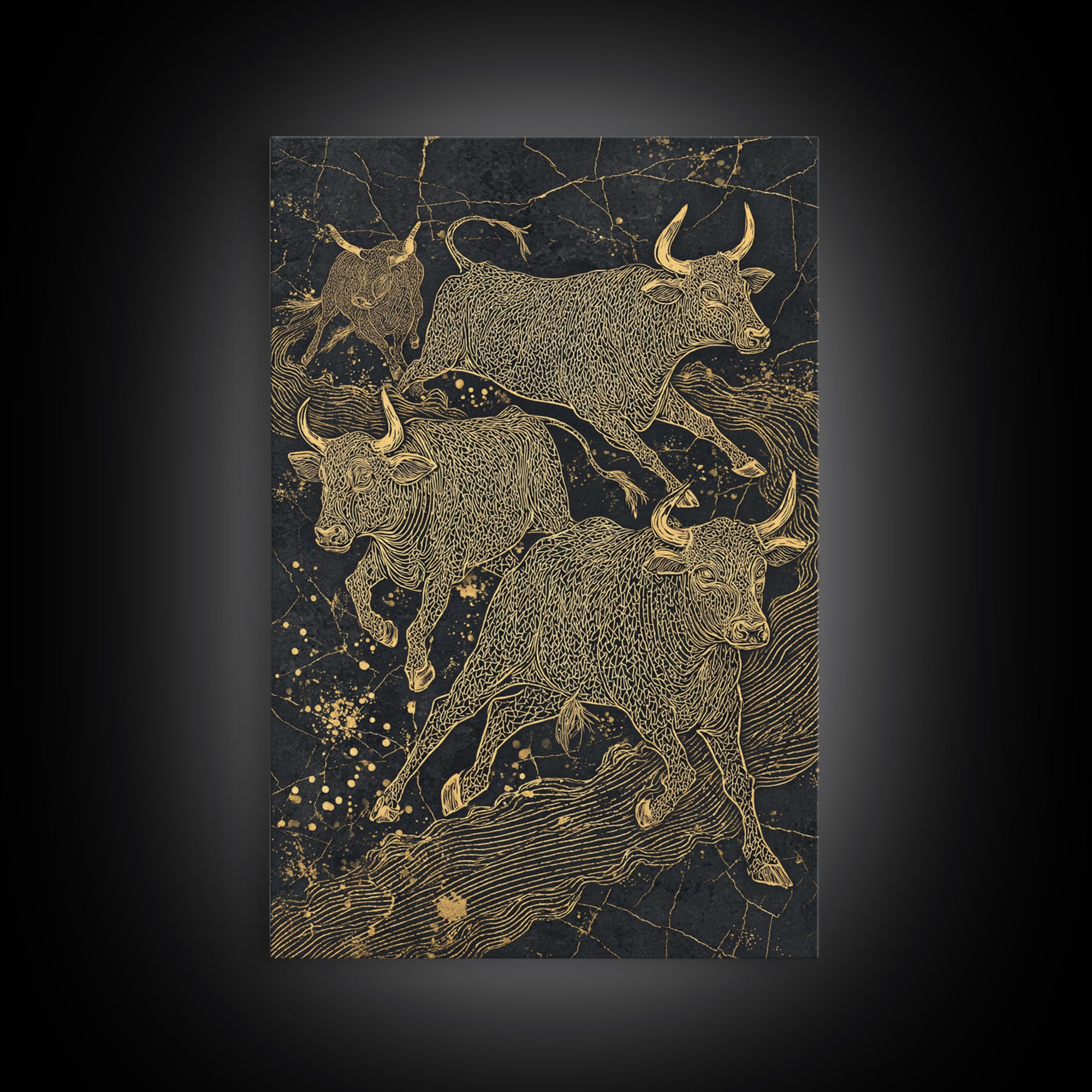 Gold Line Bulls On Black Wall Art, Modern Animal Canvas Print, Luxury Ranch Decor, Masculine Office Art, Bold Statement Piece