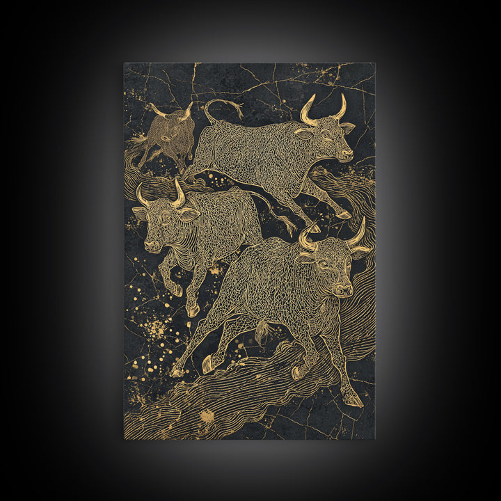 Gold Line Bulls On Black Wall Art, Modern Animal Canvas Print, Luxury Ranch Decor, Masculine Office Art, Bold Statement Piece
