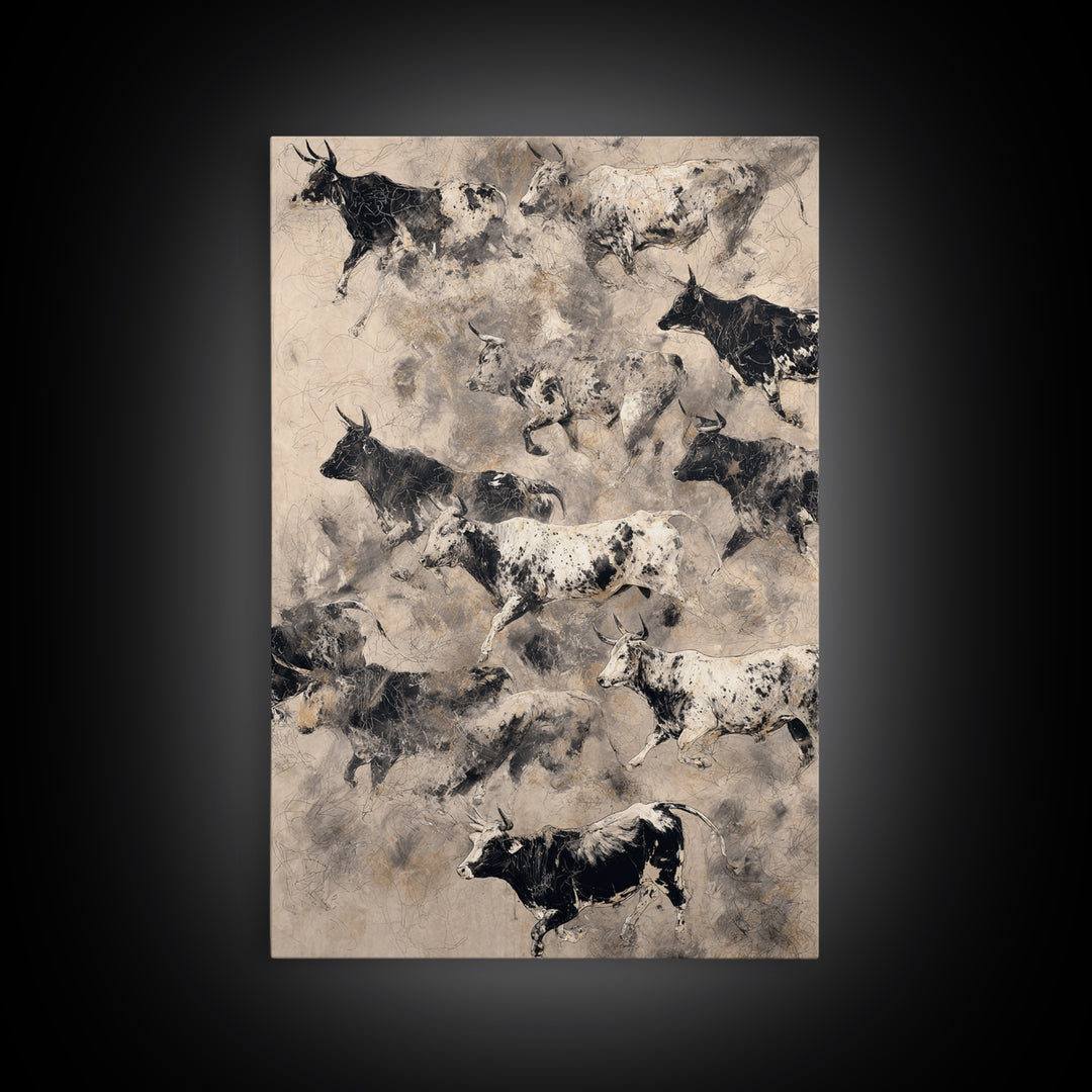 Monochrome Cattle Collage Wall Art, Abstract Animal Canvas Print, Rustic Neutral Decor, Black And White Art, Gallery Poster