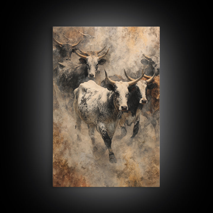 Dusty Longhorn Herd Framed Canvas Print, Western Bull Wall Art, Rustic Farmhouse Decor, Earth Tone Living Room Painting Gift