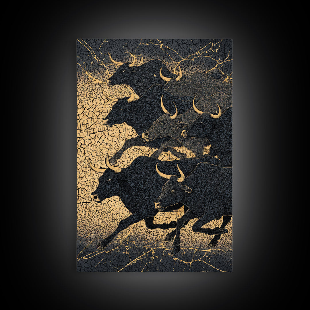 Black And Gold Bull Herd Canvas Print, Dramatic Animal Wall Art, Luxury Ranch Decor, Masculine Office Art, Statement Piece