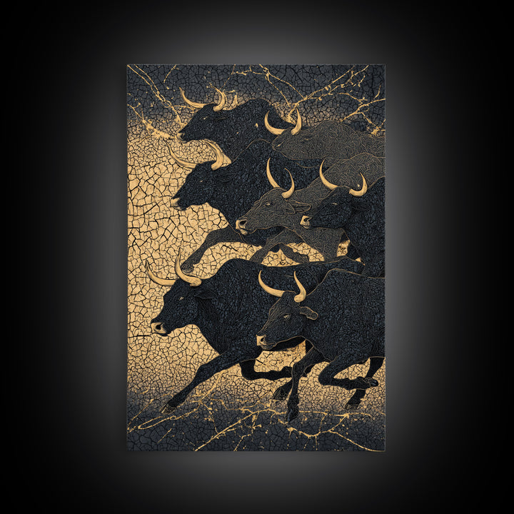 Black And Gold Bull Herd Canvas Print, Dramatic Animal Wall Art, Luxury Ranch Decor, Masculine Office Art, Statement Piece