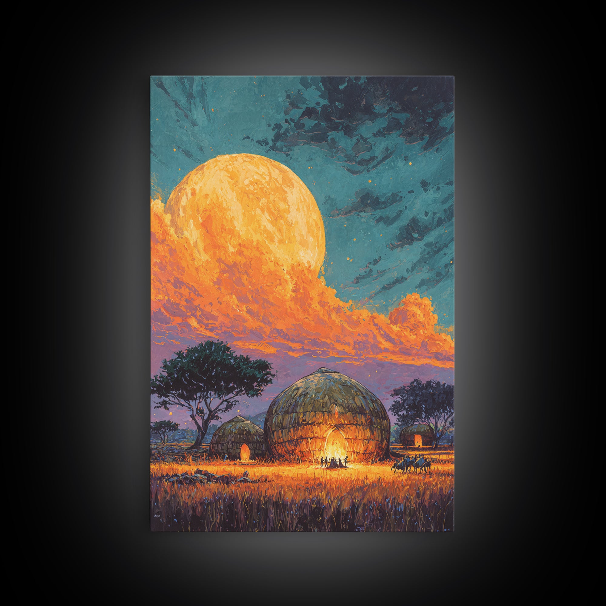 Full Moon African Hut Village Canvas Print, Serengeti Night Landscape, Safari Decor, African Inspired Wall Decor, Nature Scene Art