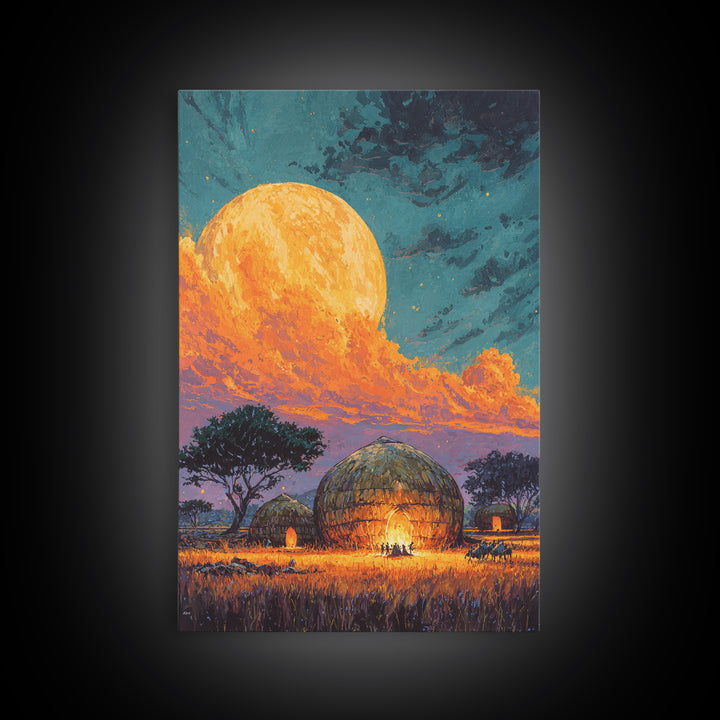 Full Moon African Hut Village Canvas Print, Serengeti Night Landscape, Safari Decor, African Inspired Wall Decor, Nature Scene Art